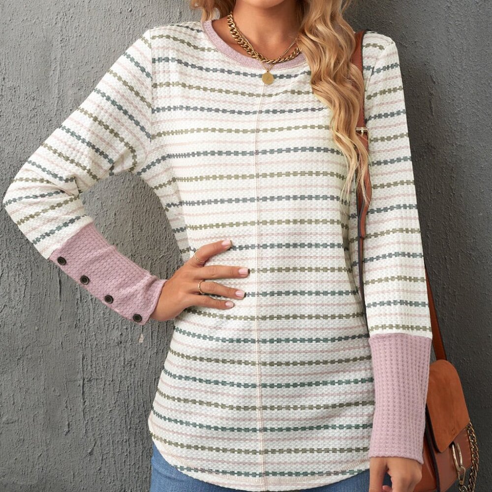 NWOT Striped WaffleKnut Long-Sleeve Top in Dusty Rose and Cream